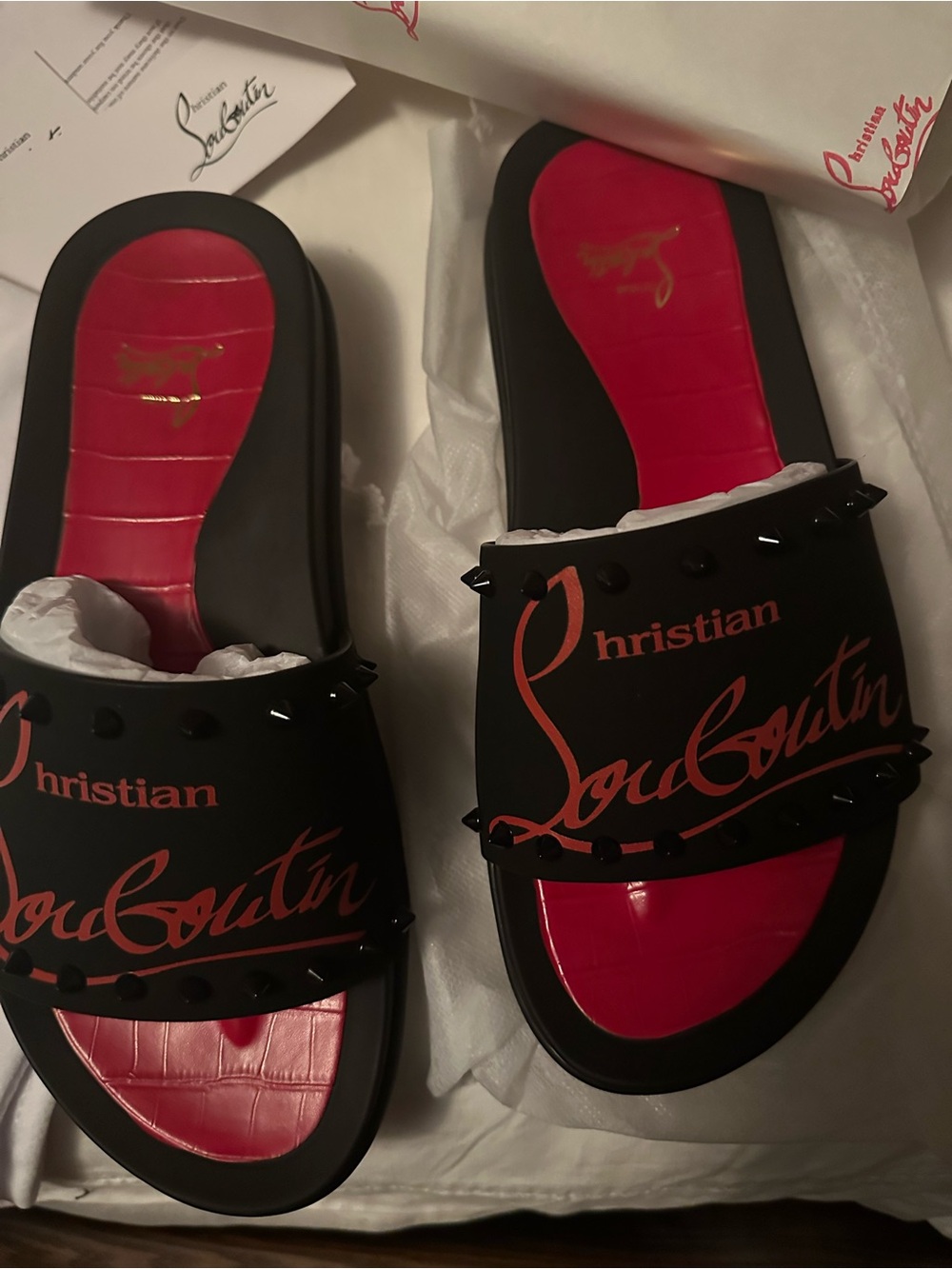 Christian Louboutin Black Slides with Red Insole and Logo